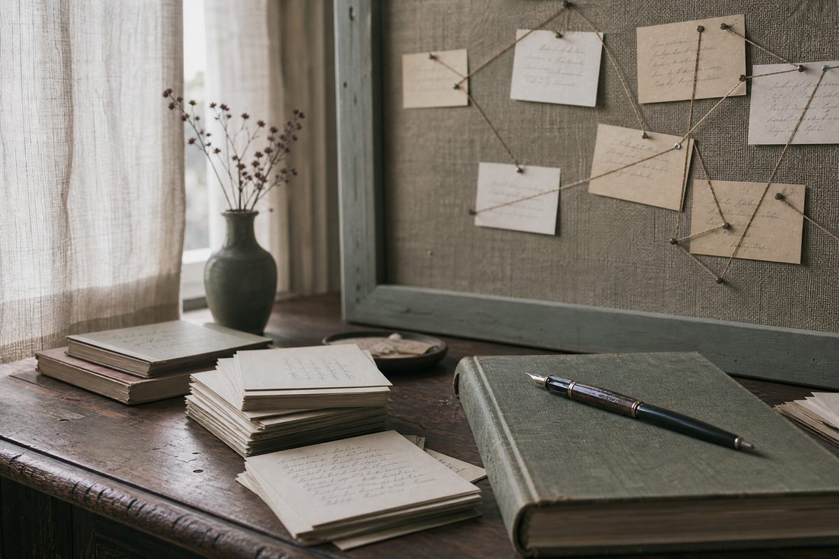 A writing desk with index cards, a fountain pen on a cloth-bound ledger and a pinboard of connected notes