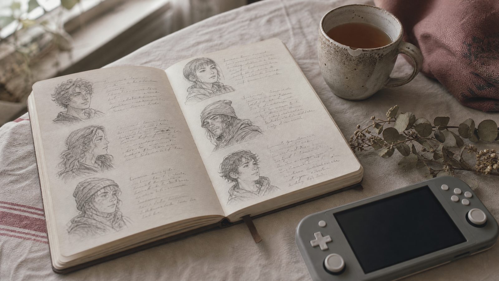 An open handwritten notebook of pencil portraits beside a mug of tea and a switched-off handheld console