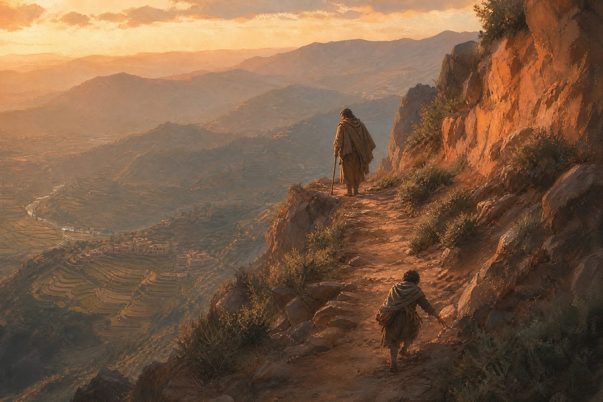 Two travellers on a narrow ridge path at golden hour, the taller one waiting for the smaller one to catch up