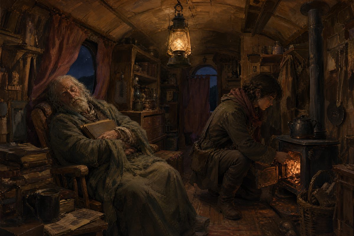 An old scholar asleep in a chair inside a lantern-lit caravan while a younger traveller tends the stove