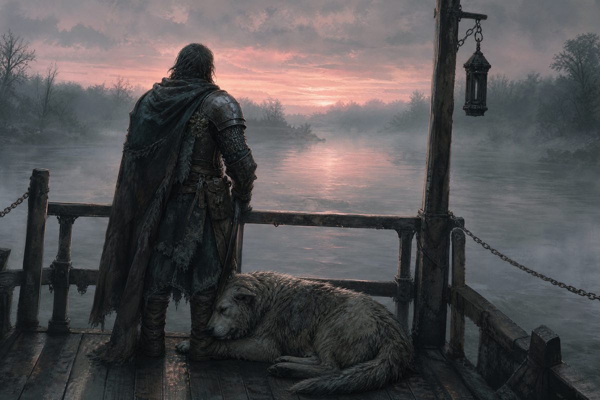 An armoured figure at the rail of a river ferry at dawn with a large animal companion asleep at their feet