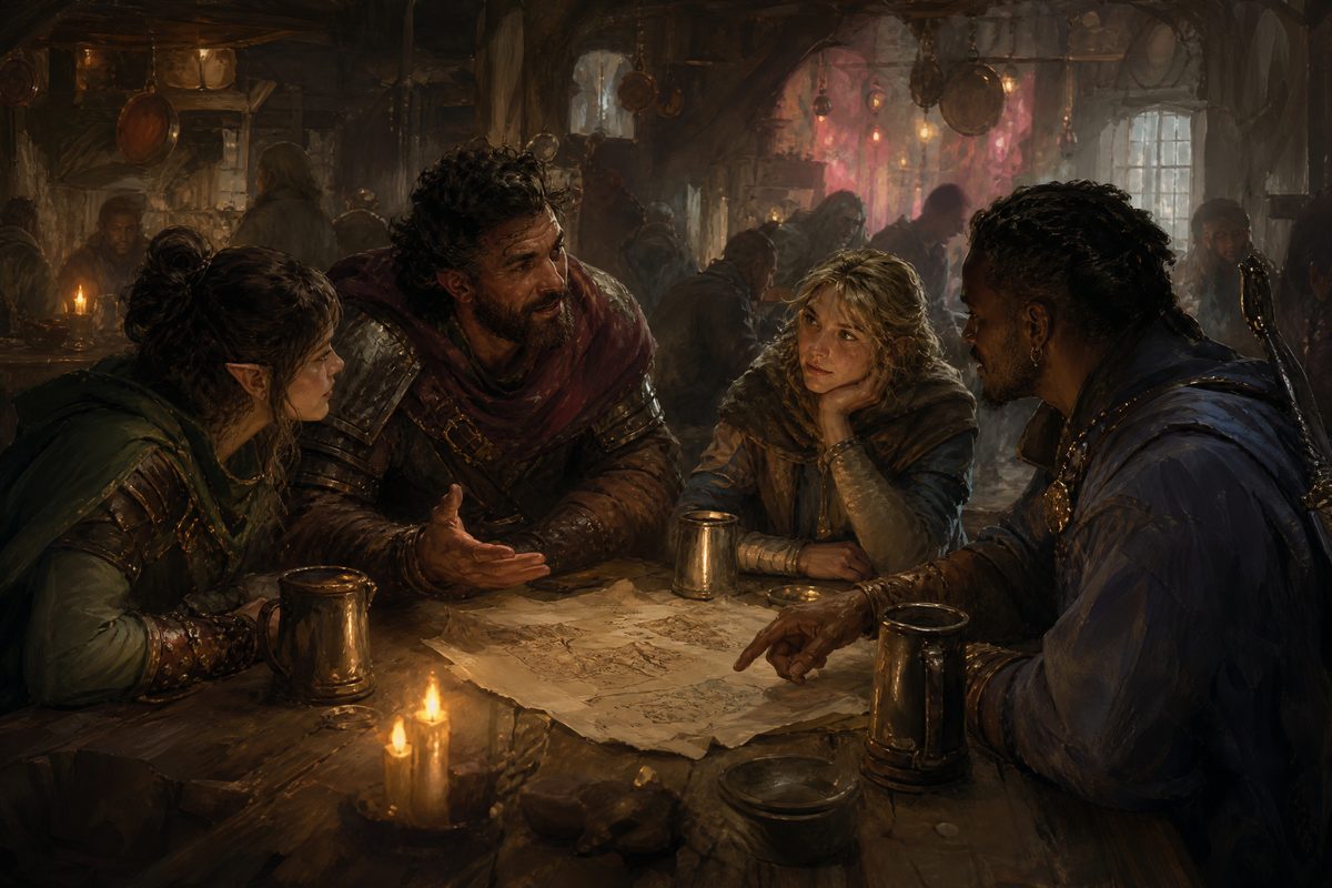 Four travelling companions arguing over a map by candlelight in a crowded tavern