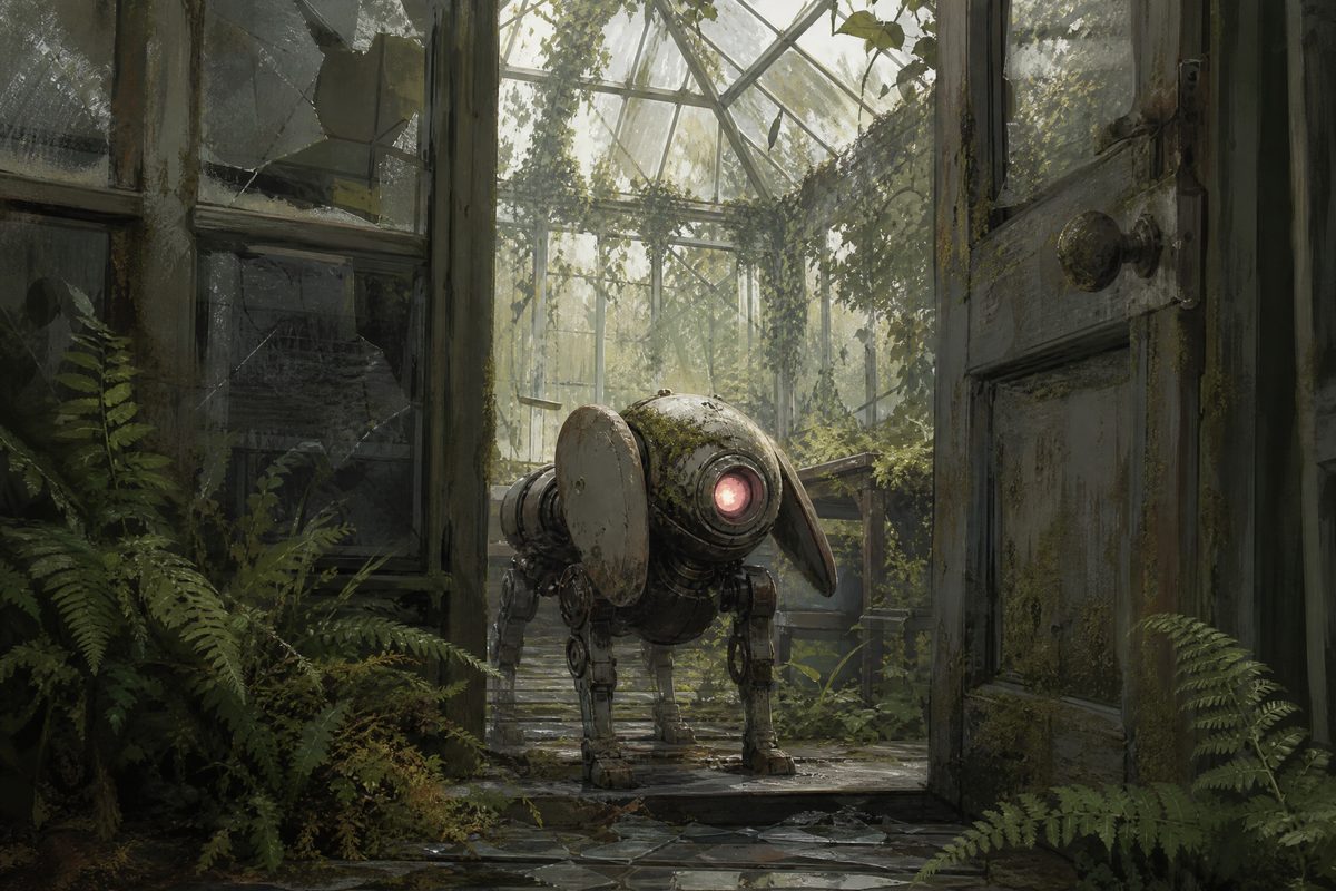 A small mechanical automaton with a glowing rose lens standing in the doorway of a ruined greenhouse